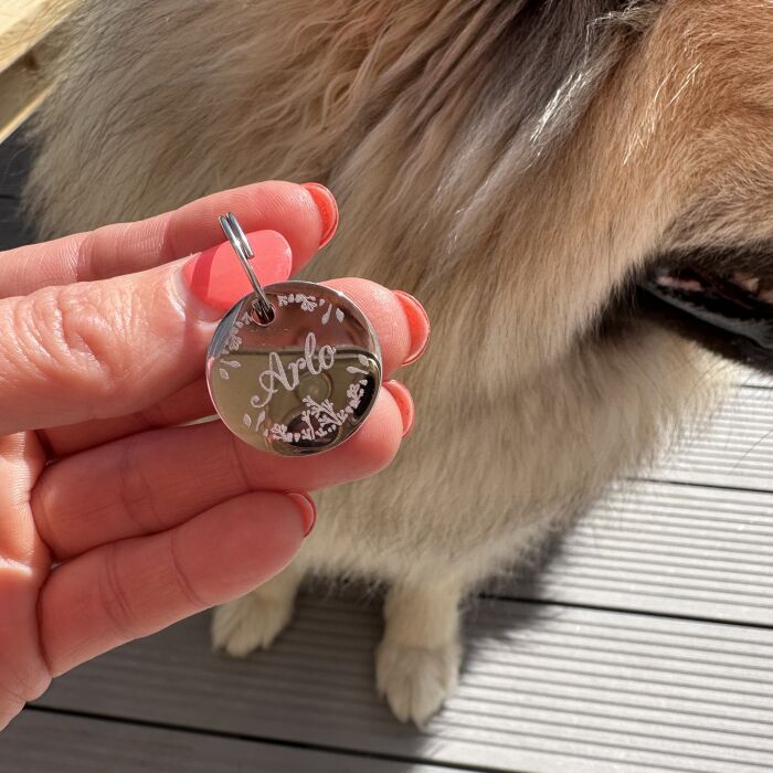 Médaille chien gravée acier inoxydable ronde ROSE - Taille M (22 mm)