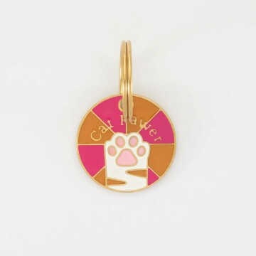 Médaille chat gravée acier inoxydable émaillé doré Cat Pawer - taille M (25mm)