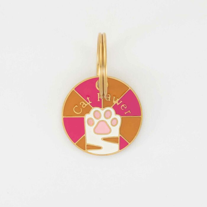 Médaille chat gravée acier inoxydable émaillé doré Cat Pawer - taille M (25mm)