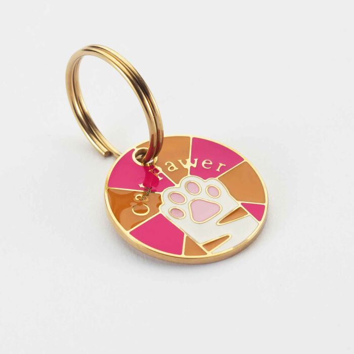 Médaille chat gravée acier inoxydable émaillé doré Cat Pawer - taille M (25mm)