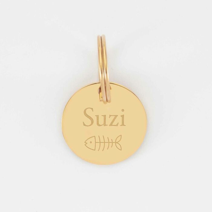 Médaille chat gravée acier inoxydable émaillé doré Cat Pawer - taille M (25mm)