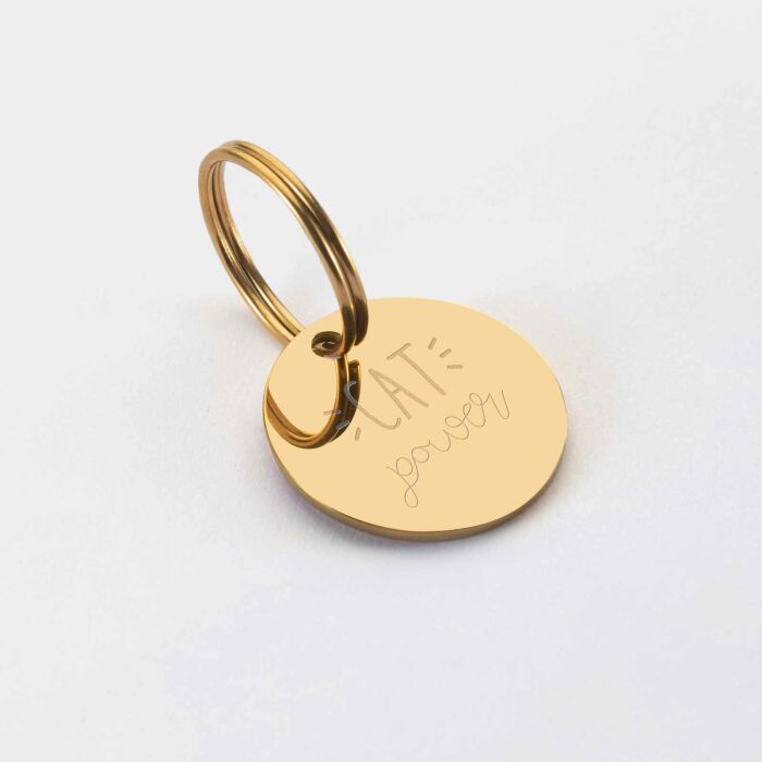 Médaille chat gravée acier inoxydable émaillé doré Cat Pawer - taille M (25mm)