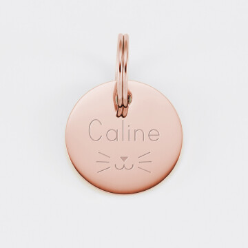 Médaille chat gravée acier inoxydable rose ronde - Taille M (22 mm)