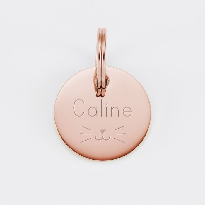 Médaille chat gravée acier inoxydable rose ronde - Taille M (22 mm)