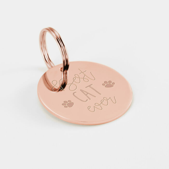 Médaille chat gravée acier inoxydable rose ronde - Taille M (22 mm)