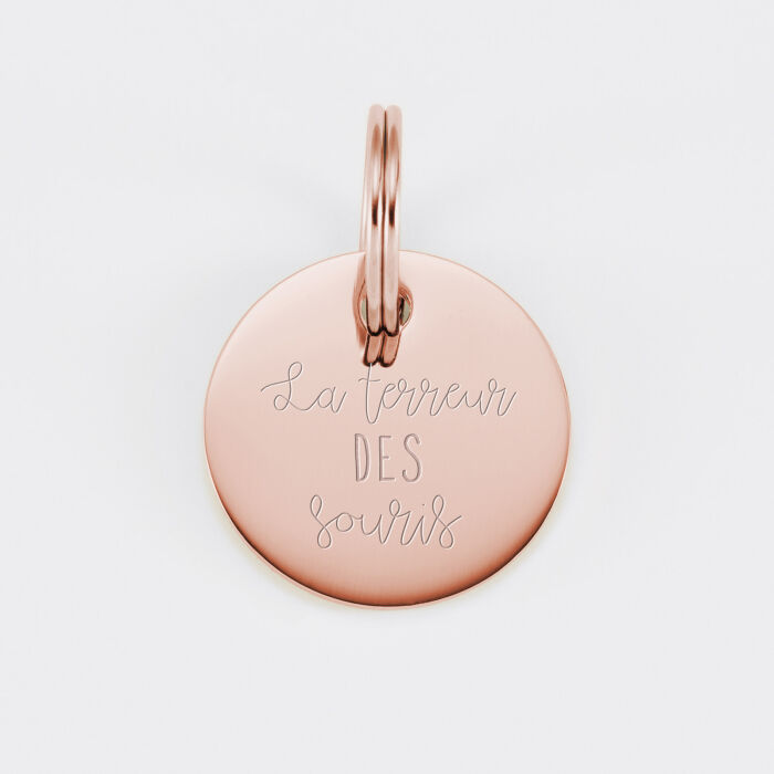 Médaille chat gravée acier inoxydable rose ronde - Taille M (22 mm)