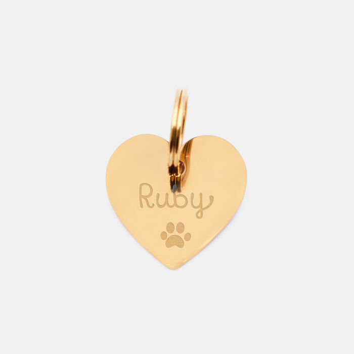 Médaille chien gravée acier inoxydable émaillé doré coeur scintillant - Taille M (25x30 mm)