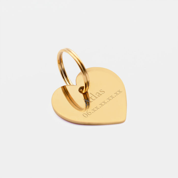 Médaille chien gravée acier inoxydable émaillé doré coeur scintillant - Taille M (25x30 mm)