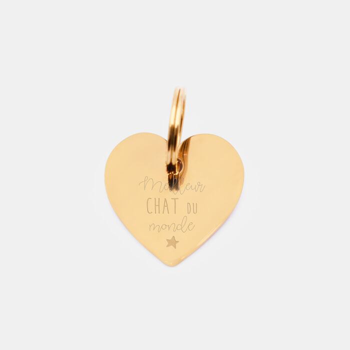 Médaille chat gravée acier inoxydable émaillé doré coeur scintillant - Taille M (25x25 mm)