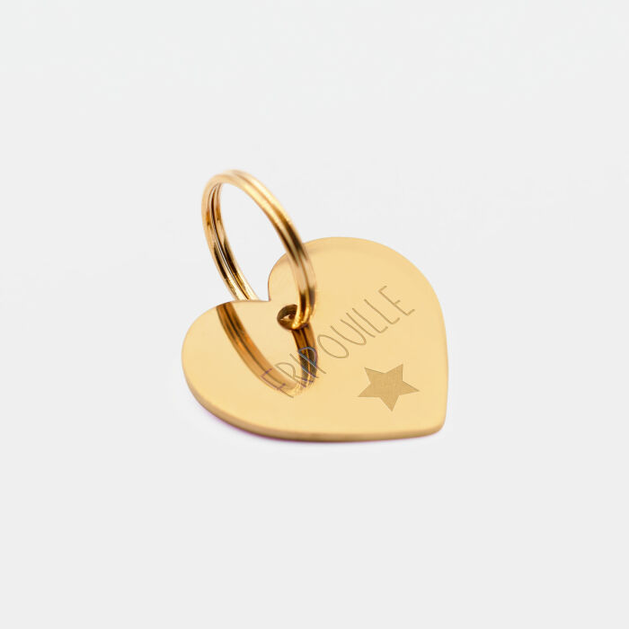 Médaille chat gravée acier inoxydable émaillé doré coeur scintillant - Taille M (25x25 mm)