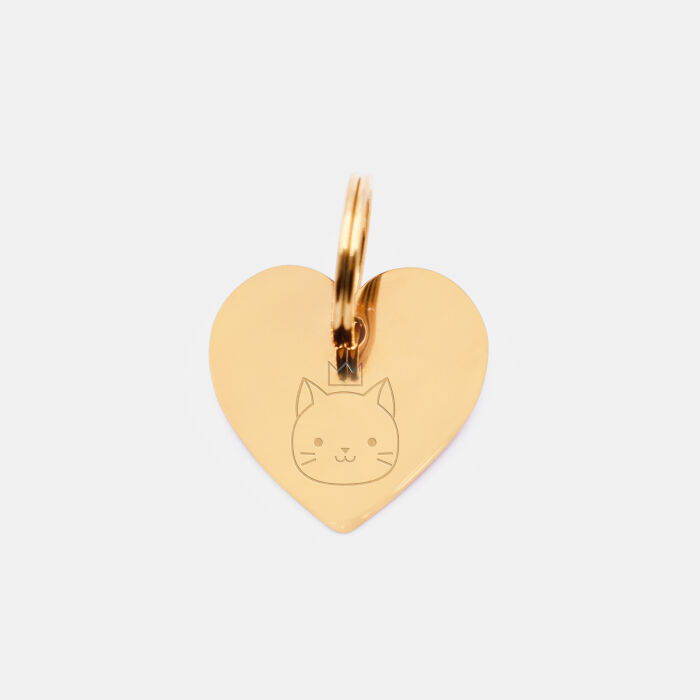 Médaille chat gravée acier inoxydable émaillé doré coeur scintillant - Taille M (25x25 mm)