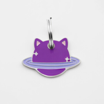 Médaille chat gravée acier inoxydable émaillé Saturne - taille M (30x25mm)