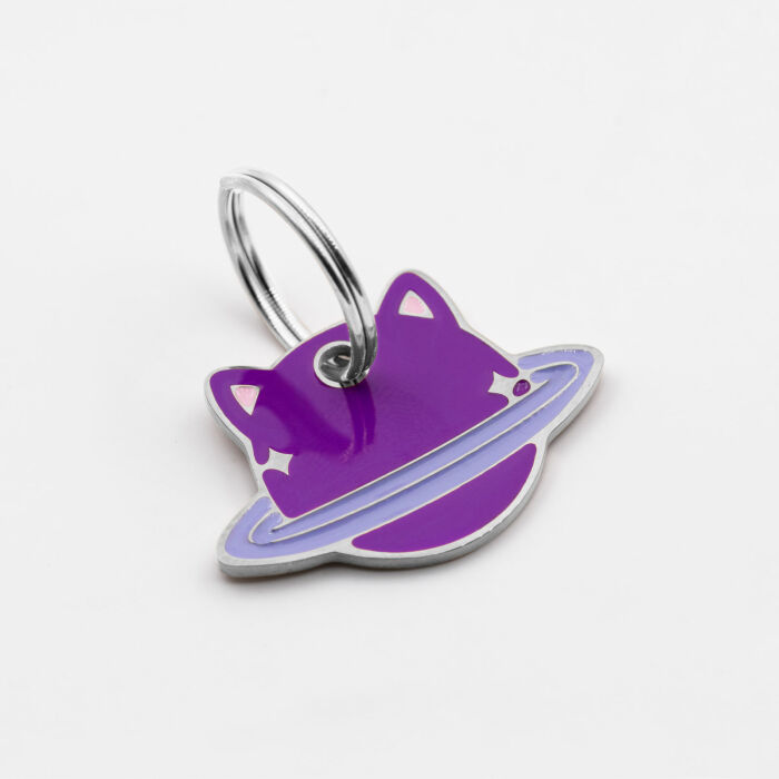 Médaille chat gravée acier inoxydable émaillé Saturne - taille M (30x25mm)