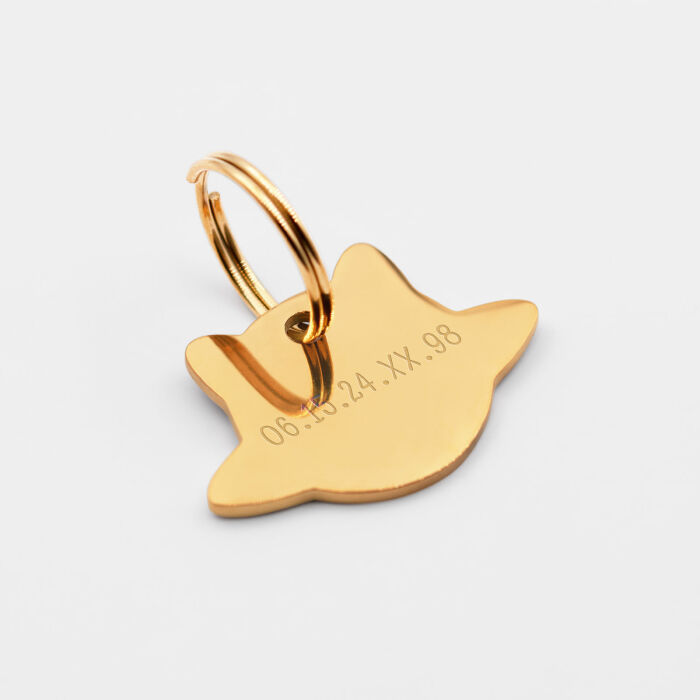 Médaille chat gravée acier inoxydable doré émaillé Saturne - taille M (30x25mm)