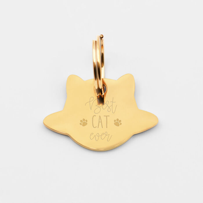 Médaille chat gravée acier inoxydable doré émaillé Saturne - taille M (30x25mm)
