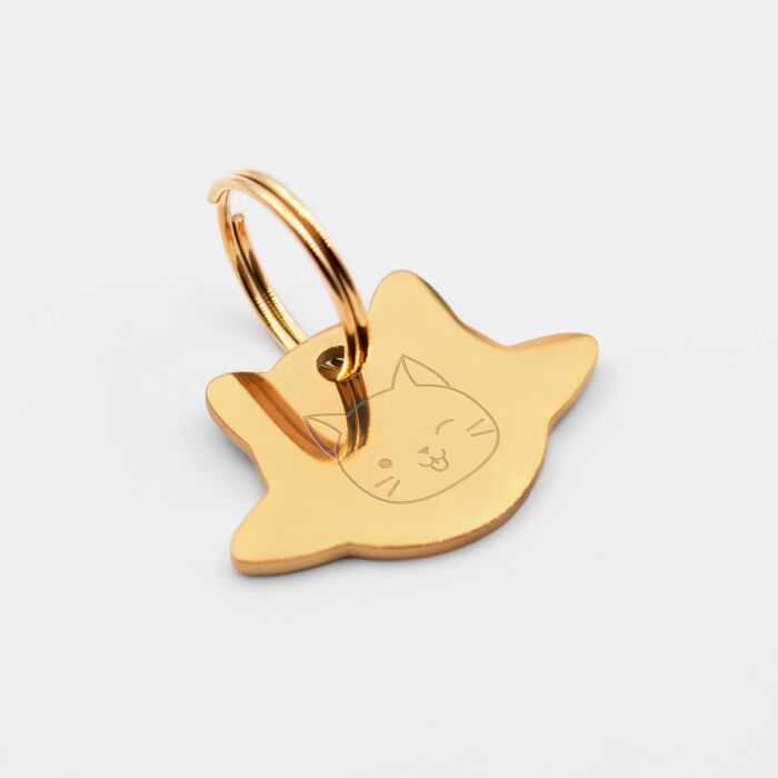 Médaille chat gravée acier inoxydable doré émaillé Saturne - taille M (30x25mm)