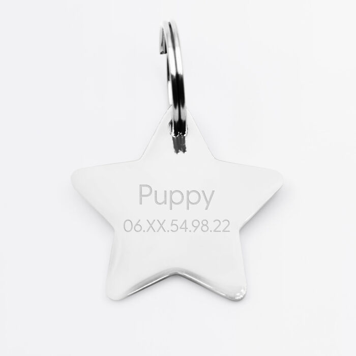 Médaille chien gravée acier inoxydable grande étoile - Taille L (35x35 mm)