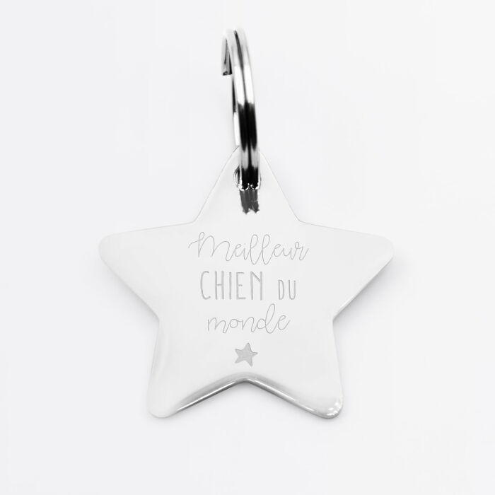 Médaille chien gravée acier inoxydable grande étoile - Taille L (35x35 mm)