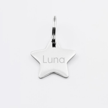 Médaille chat gravée acier inoxydable petite étoile - Taille M (25x23 mm)