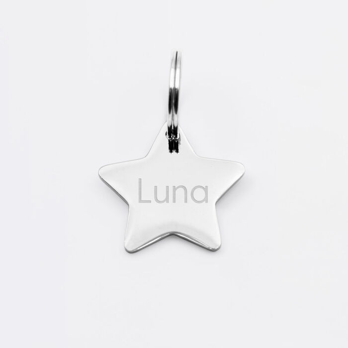 Médaille chat gravée acier inoxydable petite étoile - Taille M (25x23 mm)