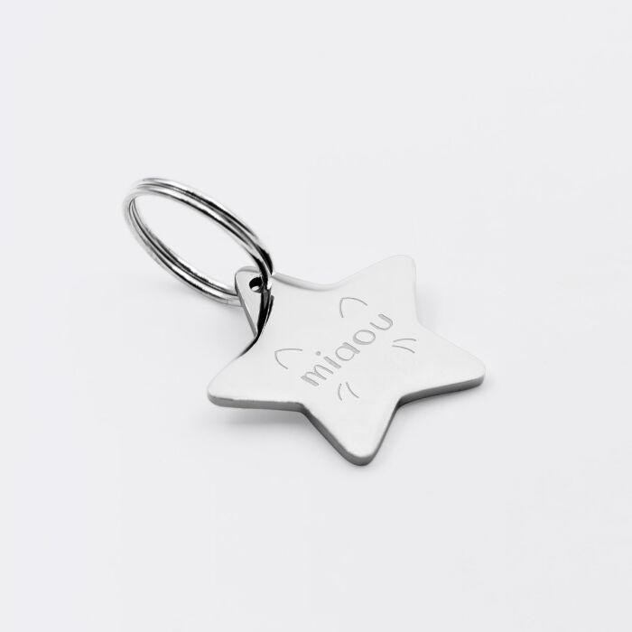 Médaille chat gravée acier inoxydable petite étoile - Taille M (25x23 mm)