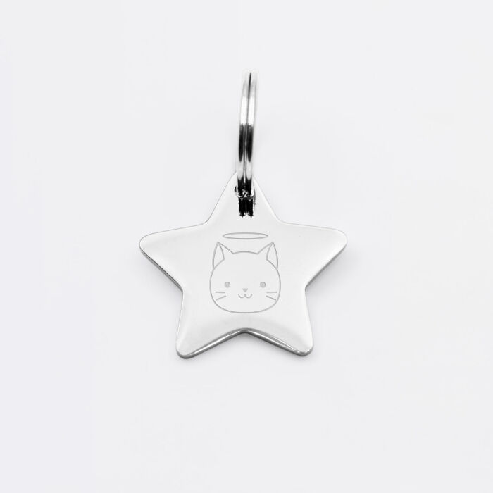 Médaille chat gravée acier inoxydable petite étoile - Taille M (25x23 mm)