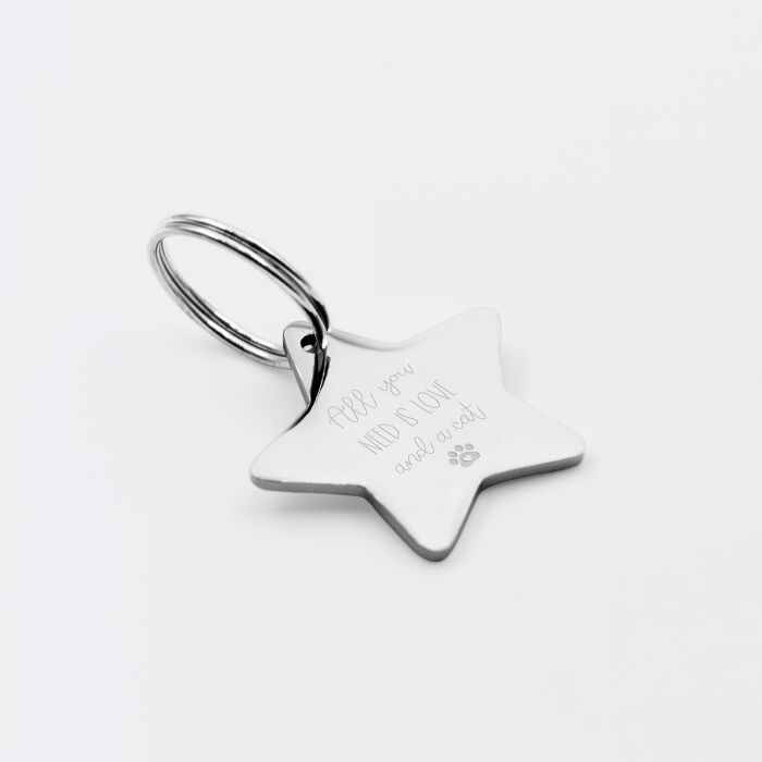 Médaille chat gravée acier inoxydable petite étoile - Taille M (25x23 mm)