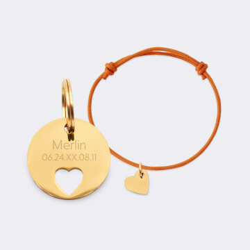 Duo de médaille pour chien gravée ajourée et bracelet acier inoxydable doré "coeur"