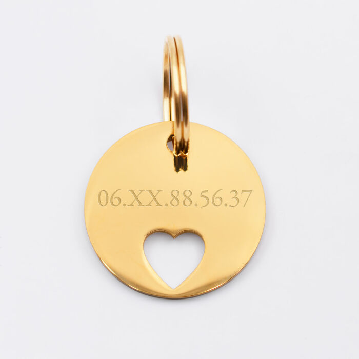 Duo de médaille pour chien gravée ajourée et bracelet acier inoxydable doré "coeur"