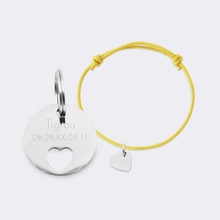 Duo de médaille pour chat gravée ajourée et bracelet acier inoxydable "coeur"