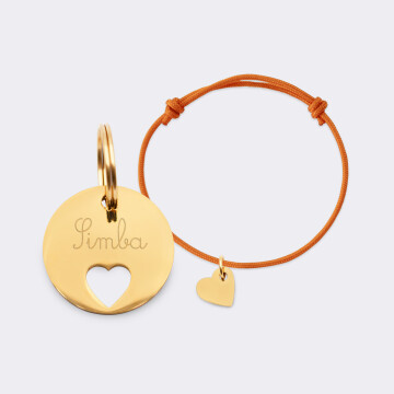 Duo de médaille pour chat gravée ajourée et bracelet acier inoxydable doré "coeur"