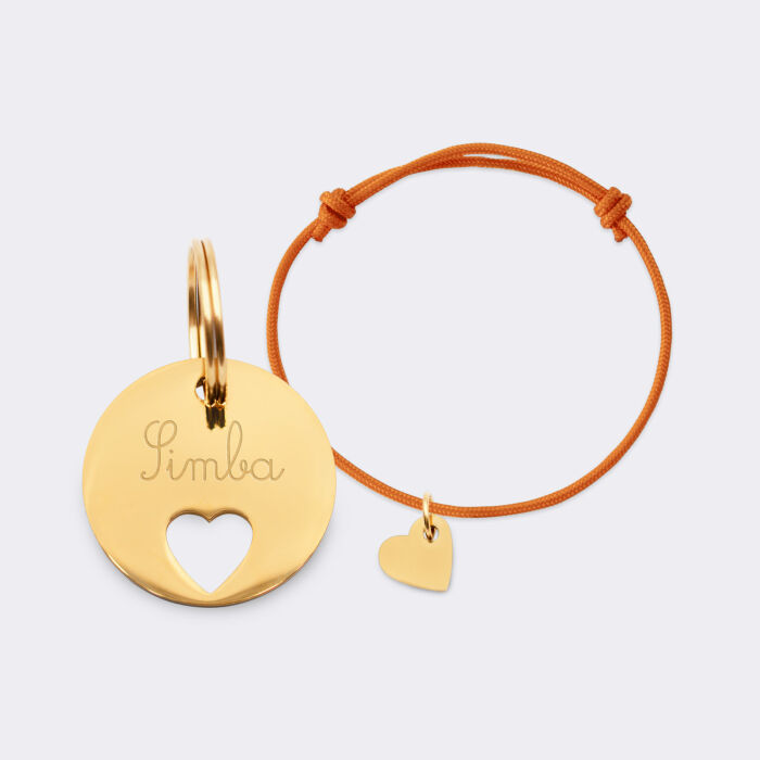 Duo de médaille pour chat gravée ajourée et bracelet acier inoxydable doré "coeur"