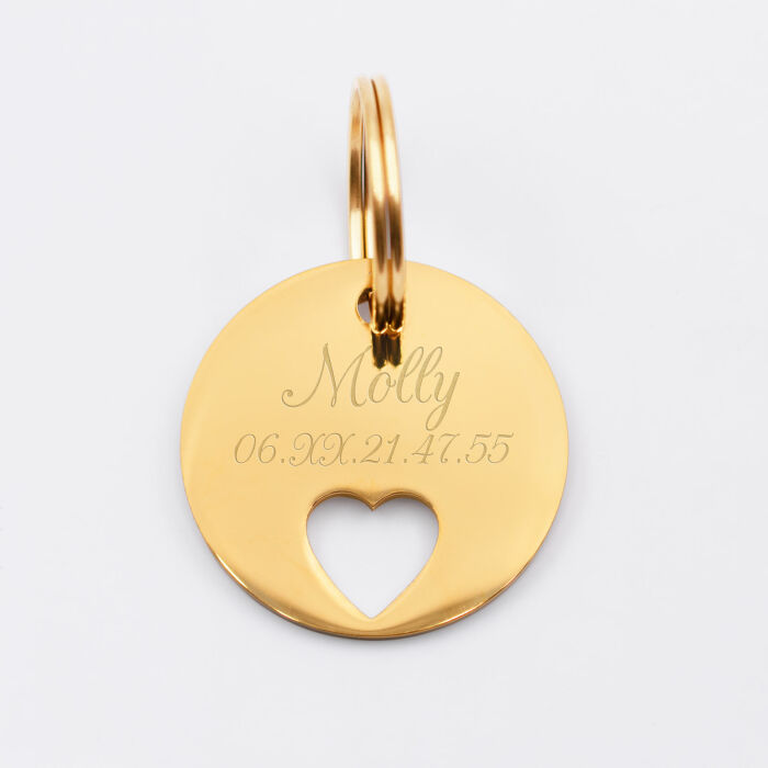 Duo de médaille pour chat gravée ajourée et bracelet acier inoxydable doré "coeur"