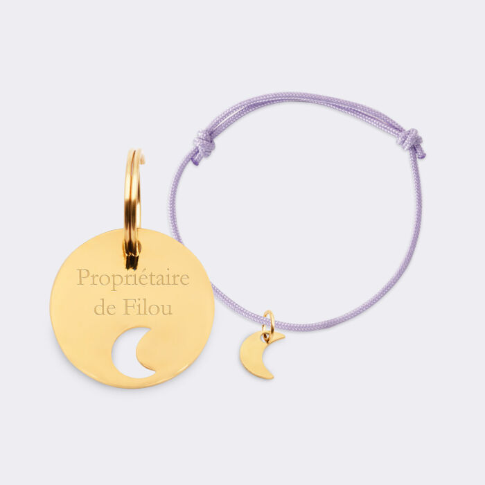 Duo de médaille pour chien gravée ajourée et bracelet acier inoxydable "lune"