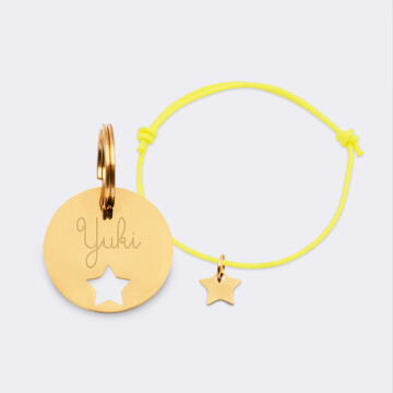 Duo de médaille pour chien gravée ajourée et bracelet acier inoxydable doré "étoile"