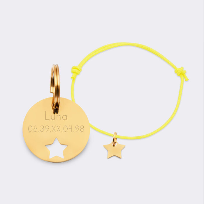 Duo de médaille pour chat gravée ajourée et bracelet acier inoxydable doré "étoile"
