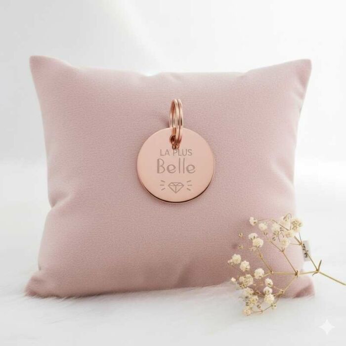 Médaille chat gravée acier inoxydable rose ronde - Taille M (22 mm)