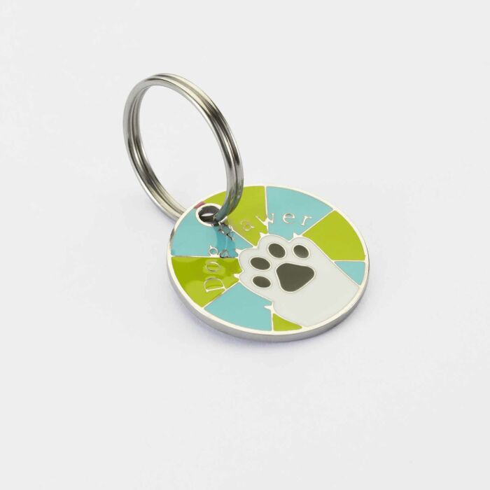 Médaille chien gravée acier émaillé argenté Dog Pawer - taille M (25mm)