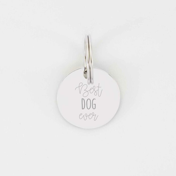 Médaille chien gravée acier émaillé argenté Dog Pawer - taille M (25mm)