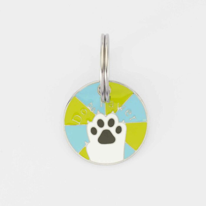 Médaille chien gravée acier émaillé argenté Dog Pawer - taille M (25mm)