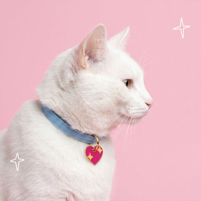 Médaille chat gravée acier inoxydable émaillé doré coeur scintillant - Taille M (25x25 mm) - porté
