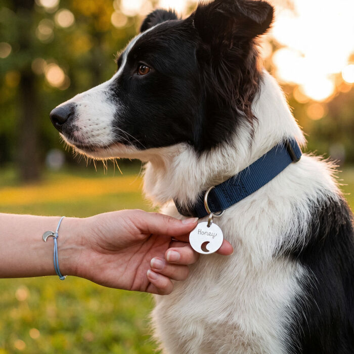 Duo de médaille pour chien gravée ajourée et bracelet acier inoxydable "lune" - porté