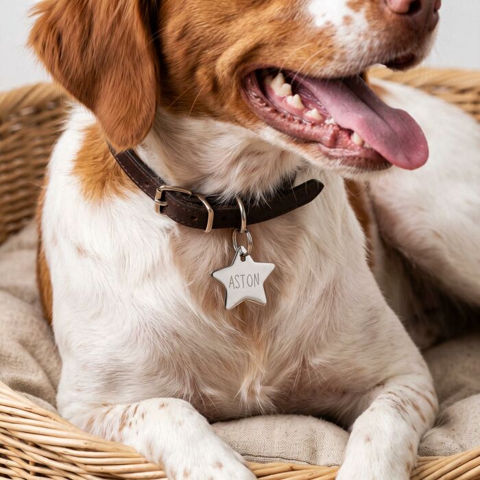 Médaille chien gravée acier inoxydable grande étoile - Taille L (34x36 mm) - porté