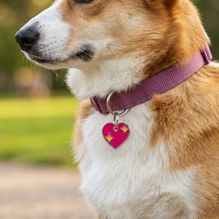 Médaille chien gravée acier inoxydable émaillé coeur scintillant - Taille M (25x25 mm) - porté