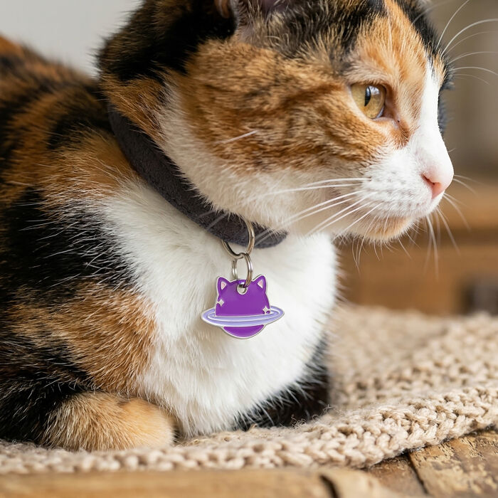 Médaille chat gravée acier inoxydable émaillé Saturne - taille M (30x19mm) - photo portée