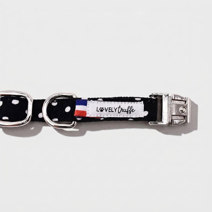 Collier chien tissu noir à pois réglable