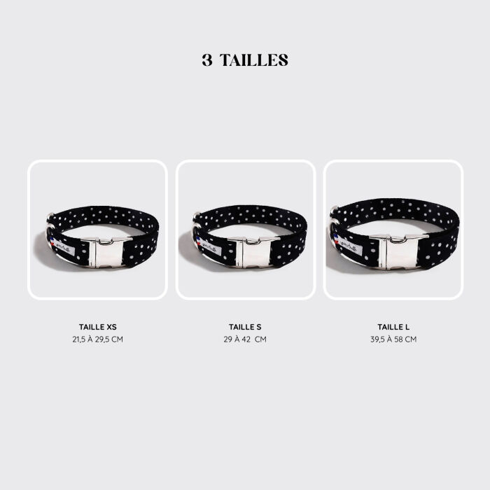 Collier chien tissu noir à pois réglable