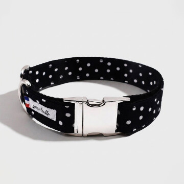 Collier chien tissu noir à pois réglable