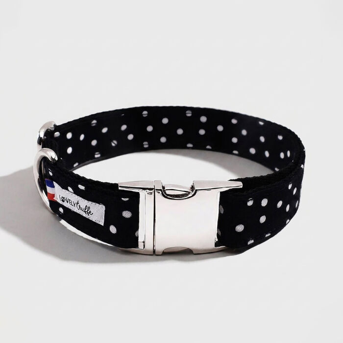 Collier chien tissu noir à pois réglable