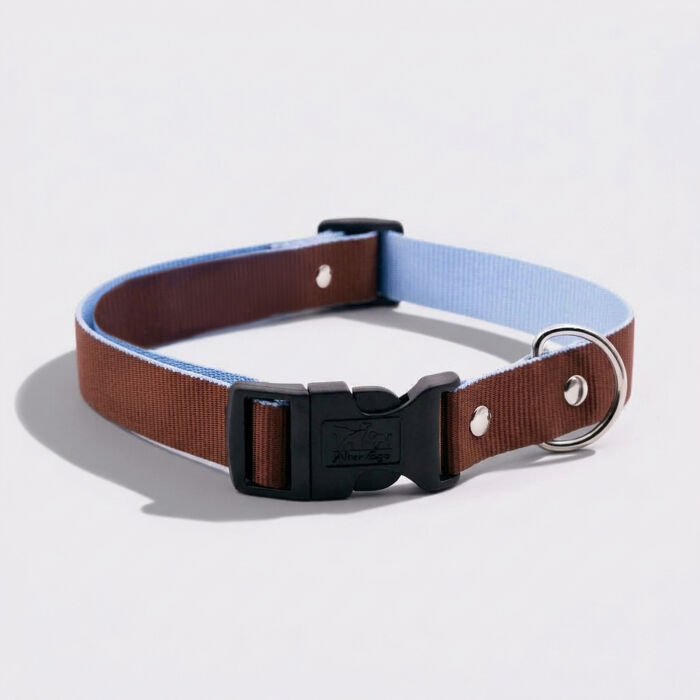 Collier chien nylon bicolore marron bleu réglable - taille S